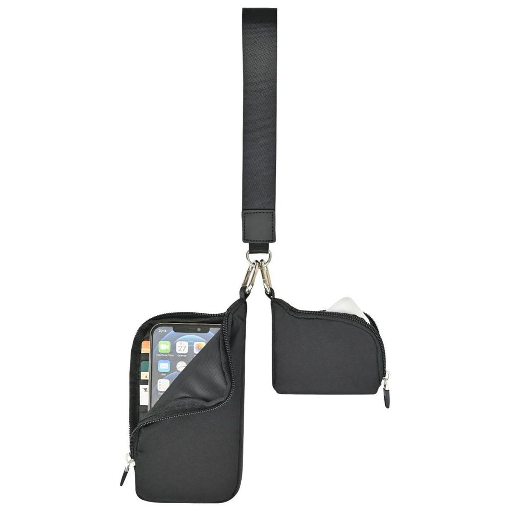 Gemline Black Well Studio Recycled Nylon Dual Pouch Lanyard - AWARE