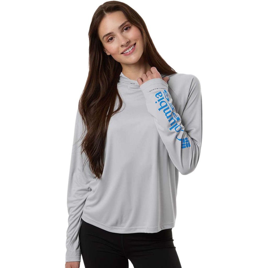 Columbia Women's Cool Grey/Vivid Blue PFG Tidal Tee Hooded Long Sleeve