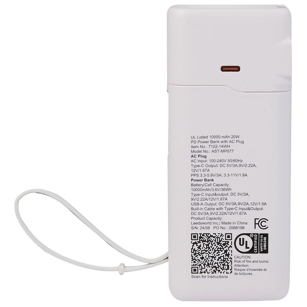 Leed's White UL Listed 10,000 mAh 20W PD Power Bank with AC Plug