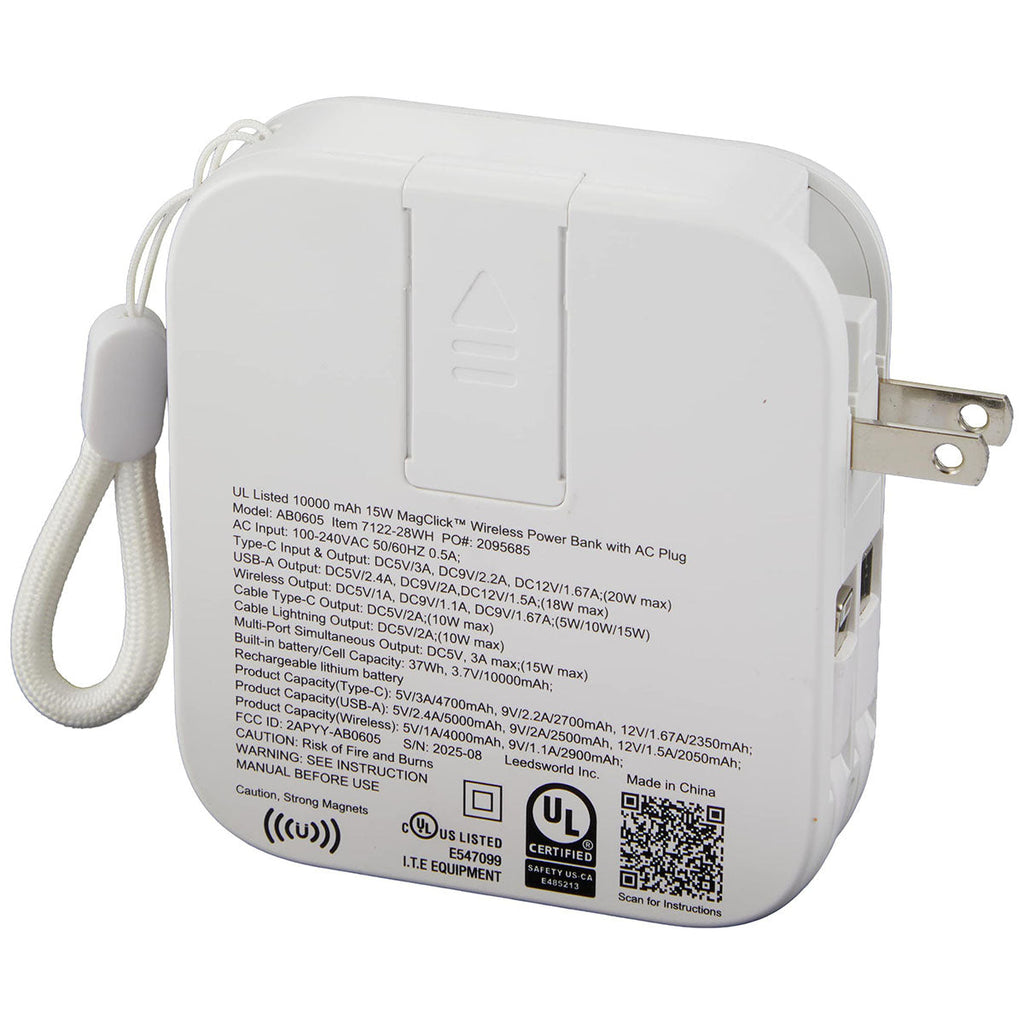 Leed's White UL MagClick Power Bank with Wall Plug