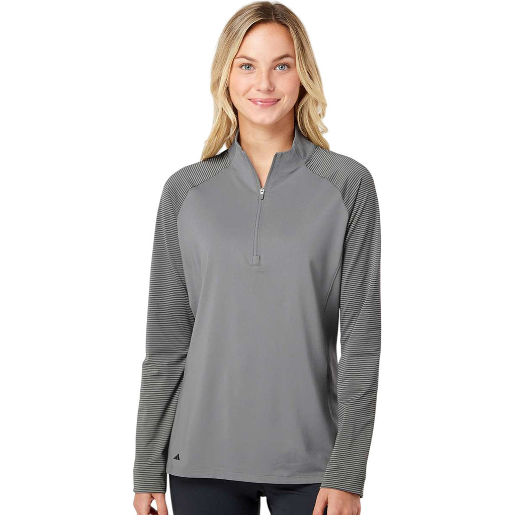 Adidas Women's Grey Three Stripe Block Quarter-Zip Pullover