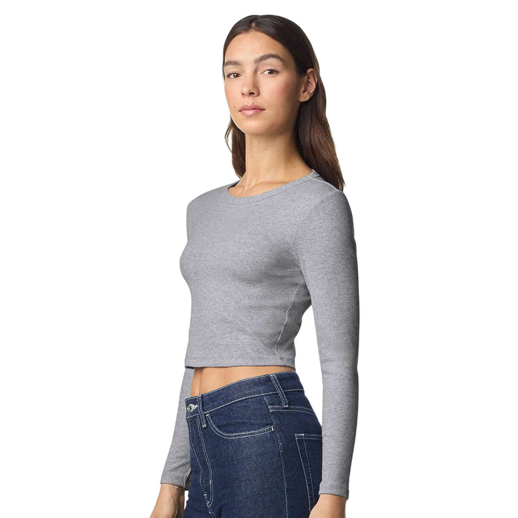 American Apparel Women's Heather Grey Baby Rib Long Sleeve Cropped Tee