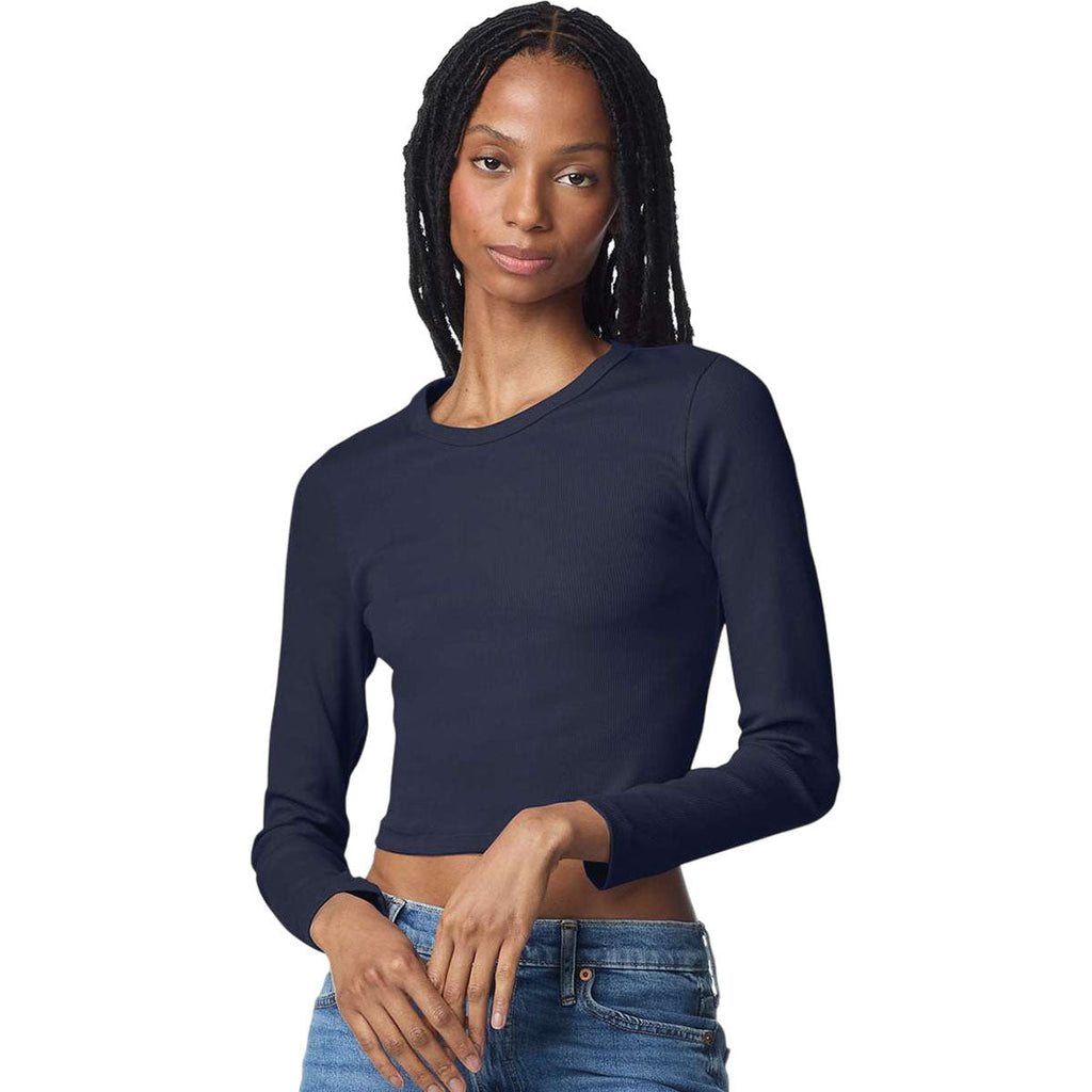 American Apparel Women's Navy Baby Rib Long Sleeve Cropped Tee