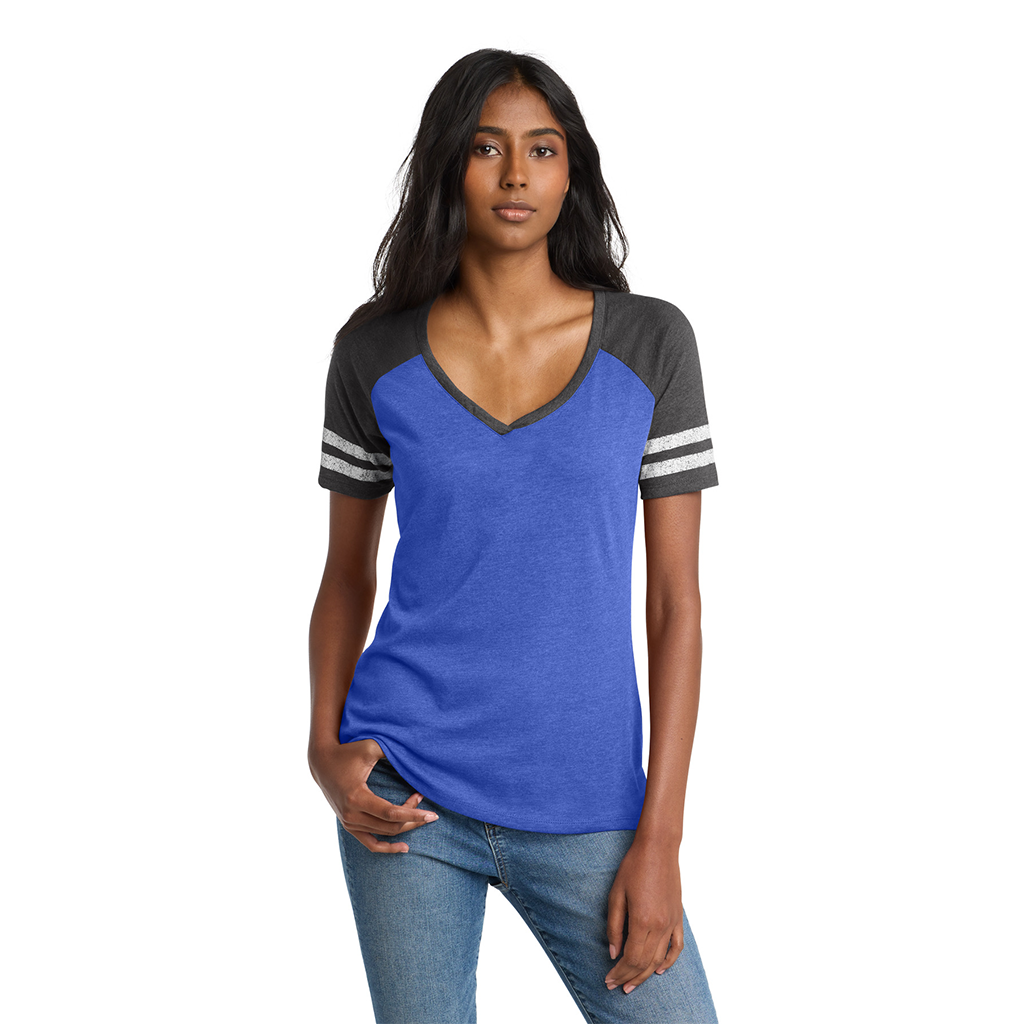 District Women's Heathered True Royal/ Heathered Charcoal Game V-Neck Tee