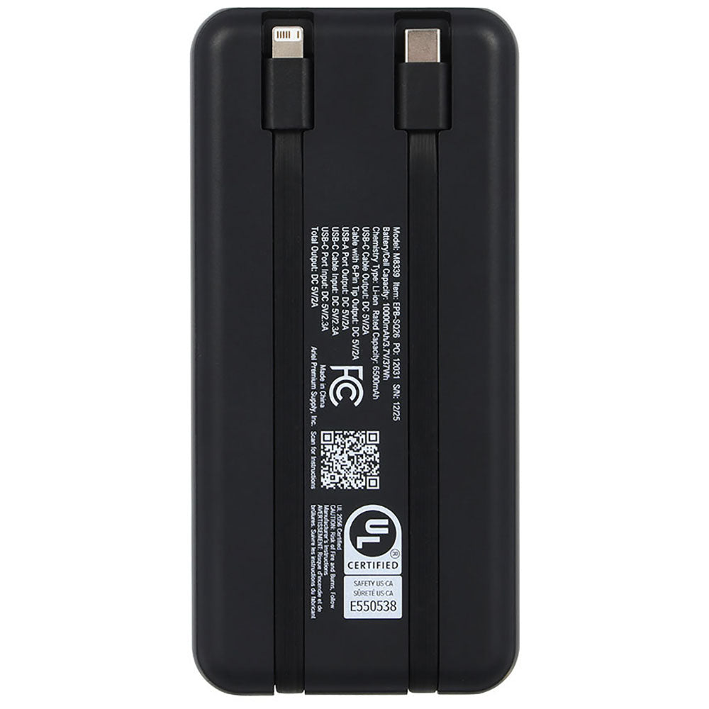 Ariel Premium Black Squire 10000mAh UL Listed Power Bank with Built-In Charging Cables