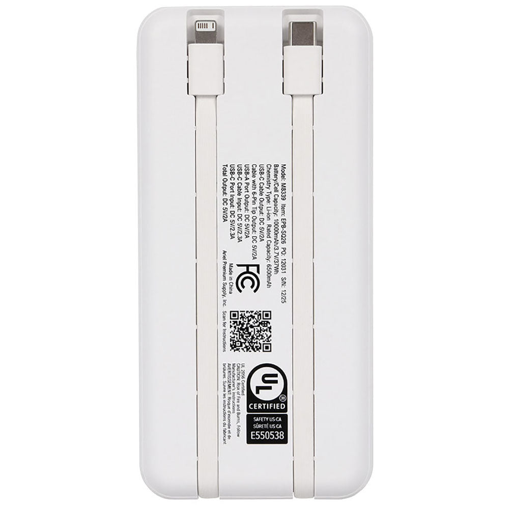 Ariel Premium White Squire 10000mAh UL Listed Power Bank with Built-In Charging Cables