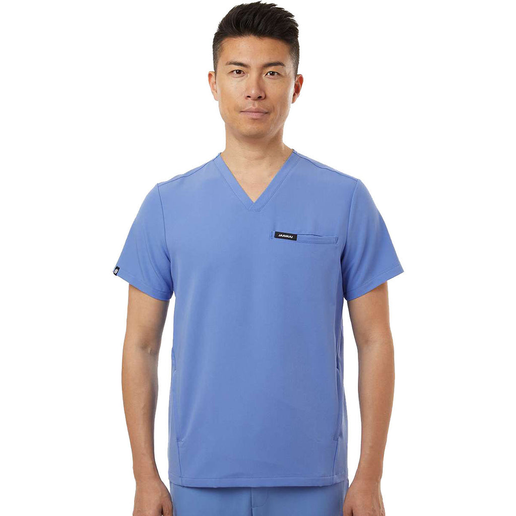 Jaanuu Men's Ceil Blue Platt 3-Pocket Scrub V-Neck Top