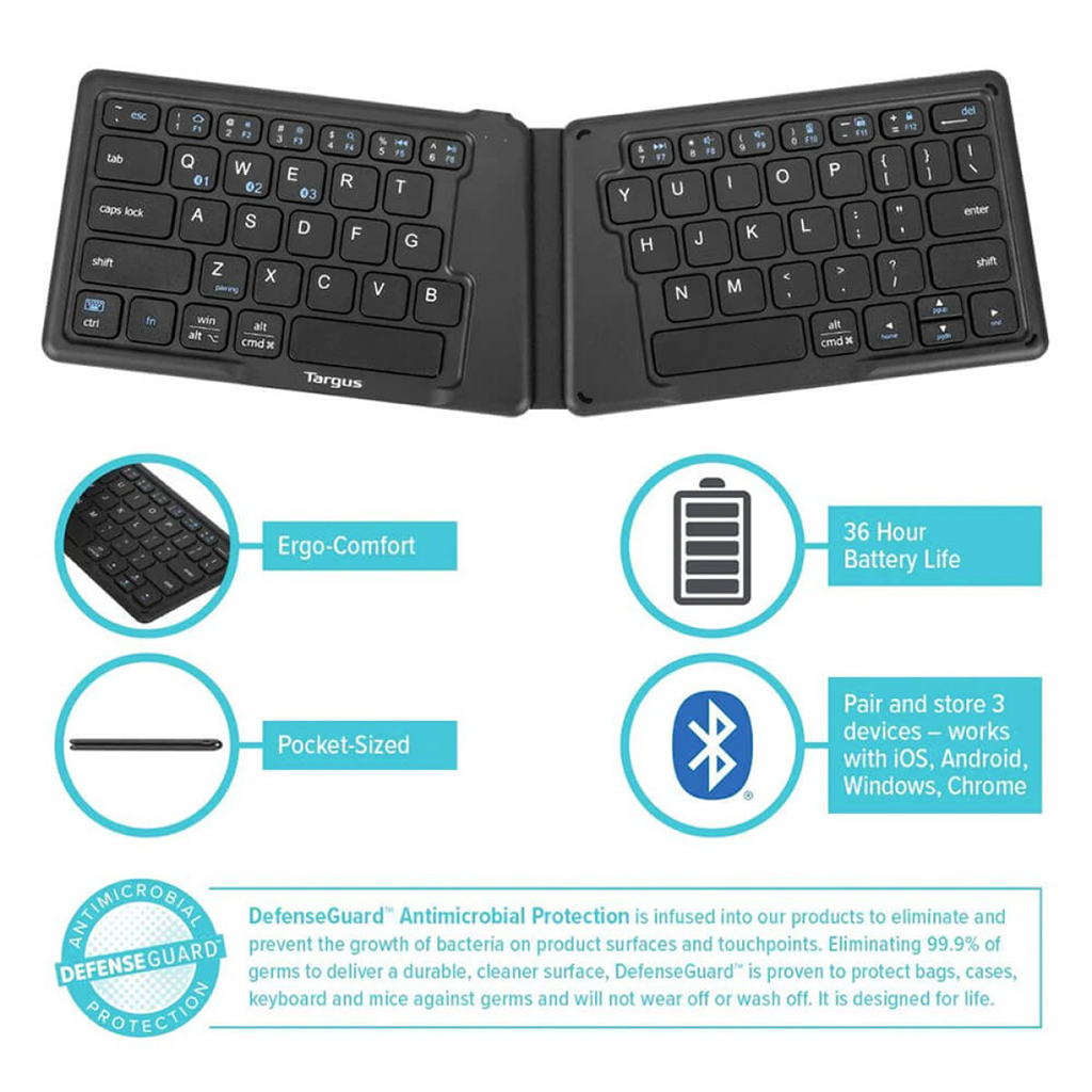 Targus Black Ergonomic Foldable Bluetooth Antimicrobial Keyboard