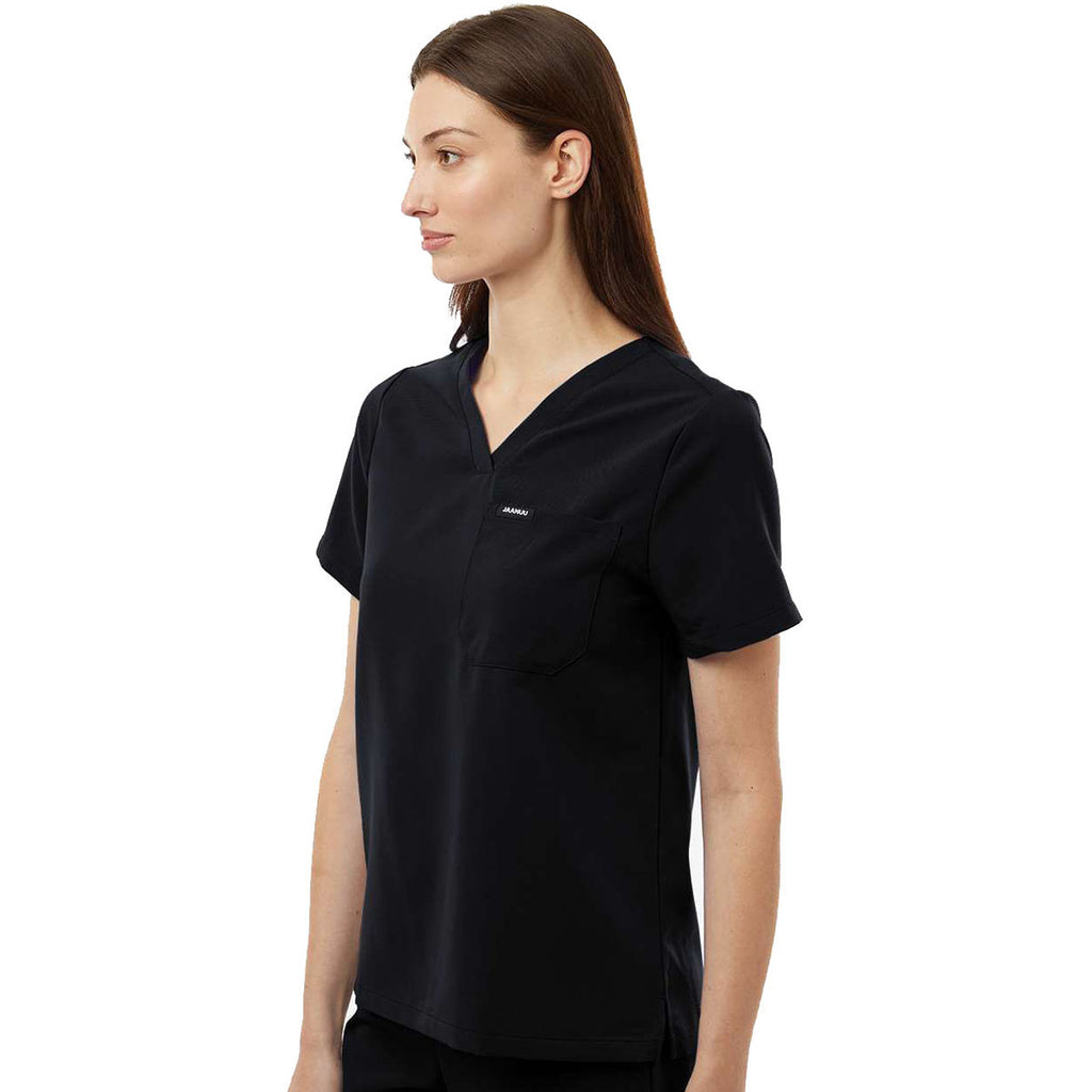 Jaanuu Women's Black Rhena Essential 1-Pocket Scrub V-Neck Top