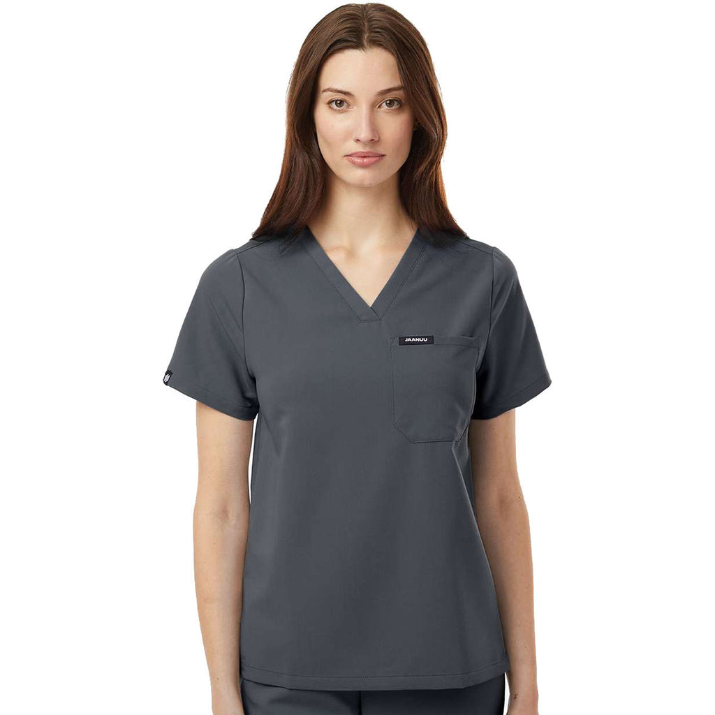 Jaanuu Women's Carbon Grey Rhena Essential 1-Pocket Scrub V-Neck Top