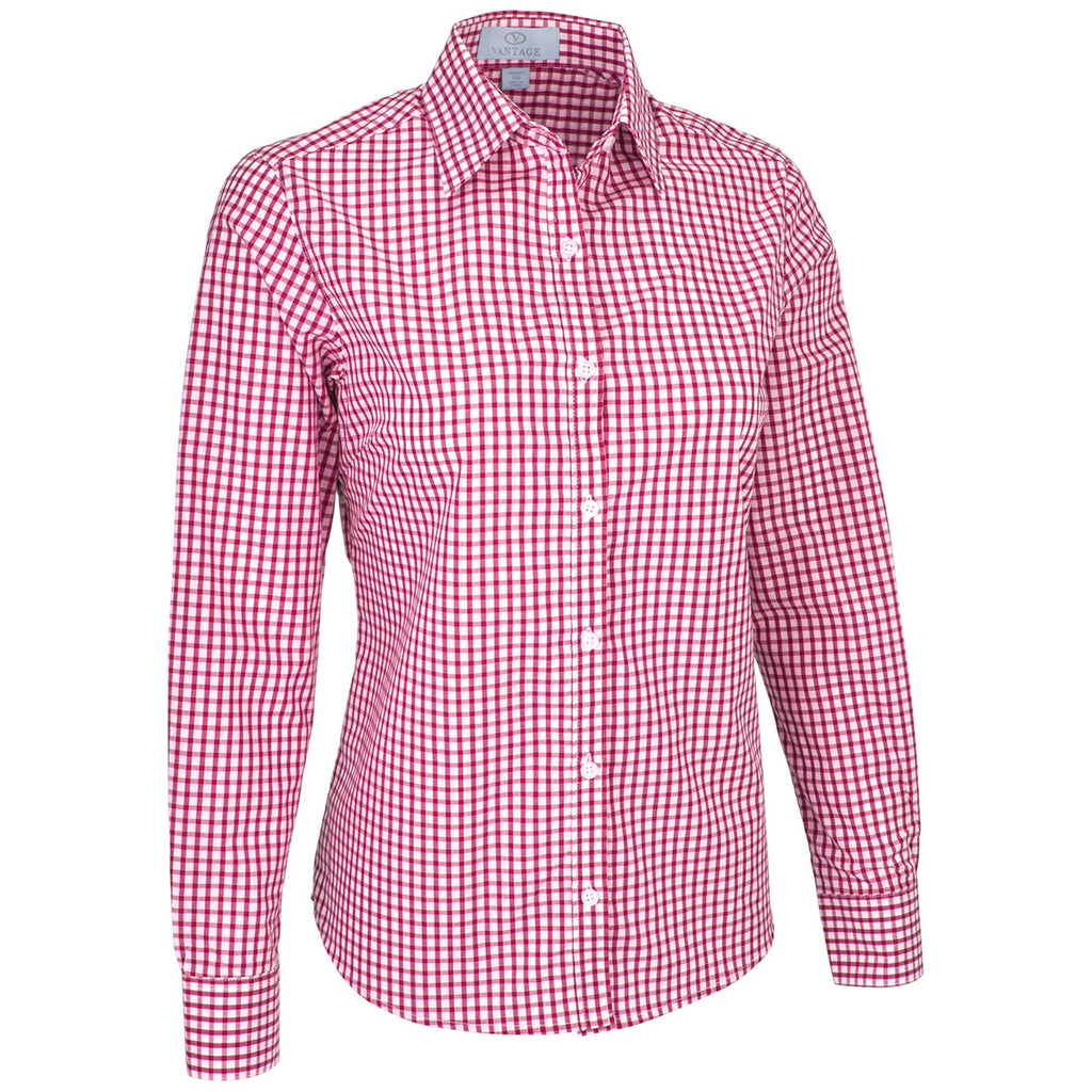 Vantage Women's Sports Red/White Easy-Care Gingham Check Shirt