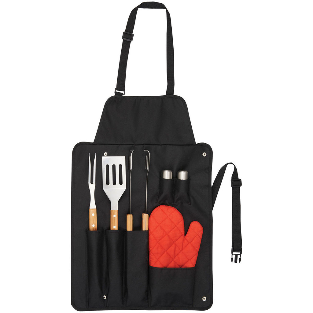 Leed's Black BBQ Now Apron and 7 piece BBQ Set