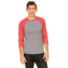 Bella + Canvas Unisex Grey/Light Red Triblend 3/4 Sleeve Baseball T-Shirt