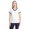 LAT Women's White/Black Soccer Ringer Fine Jersey T-Shirt