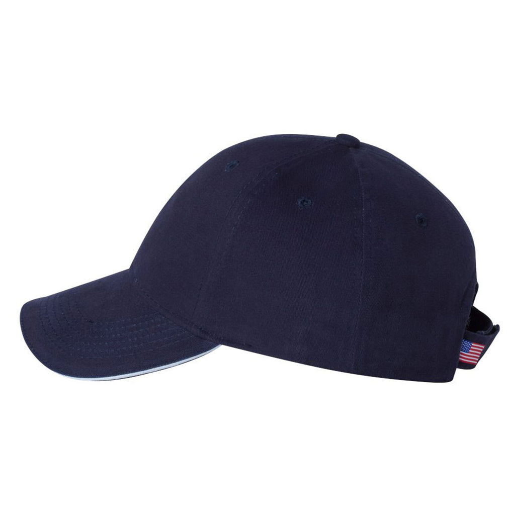 Bayside Navy/White USA-Made Structured Twill Cap with Sandwich Visor