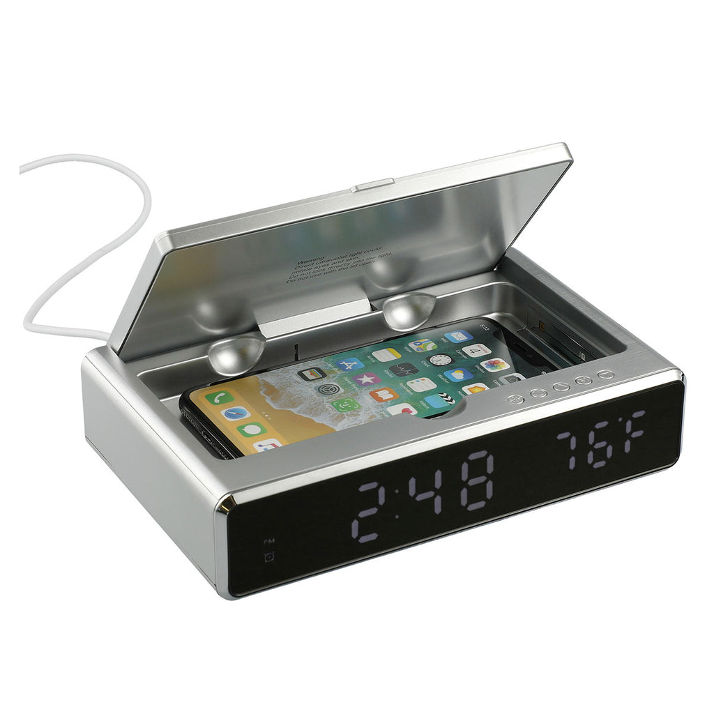Leed's Silver UV Sanitizer Desk Clock with Wireless Charging