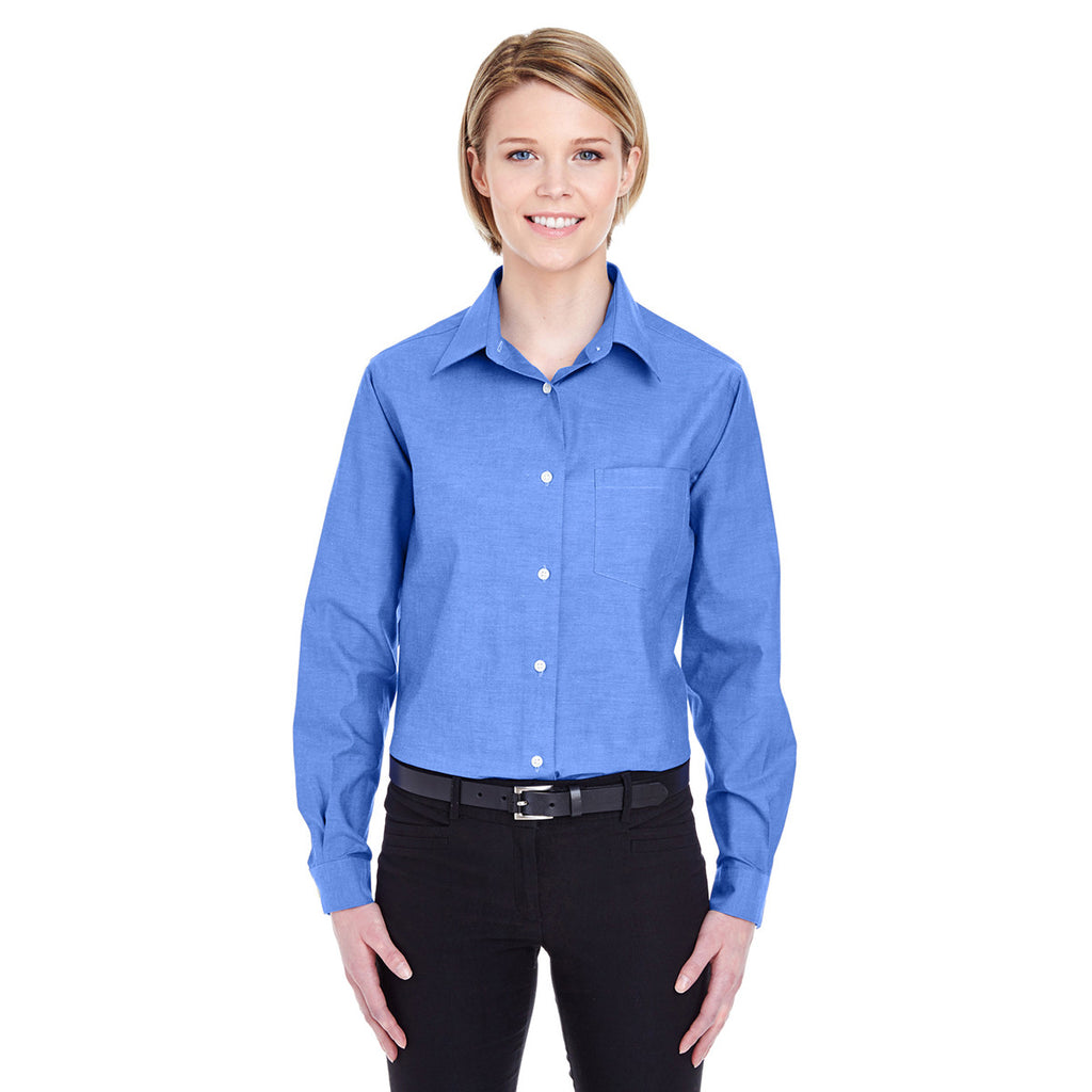 UltraClub Women's French Blue Long-Sleeve Performance Pinpoint