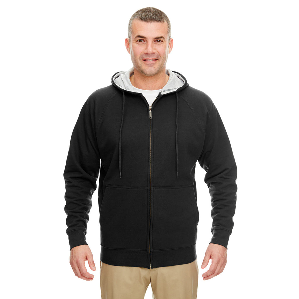 UltraClub Men's Black/Heather Grey Rugged Wear Thermal-Lined Full-Zip Hooded Fleece