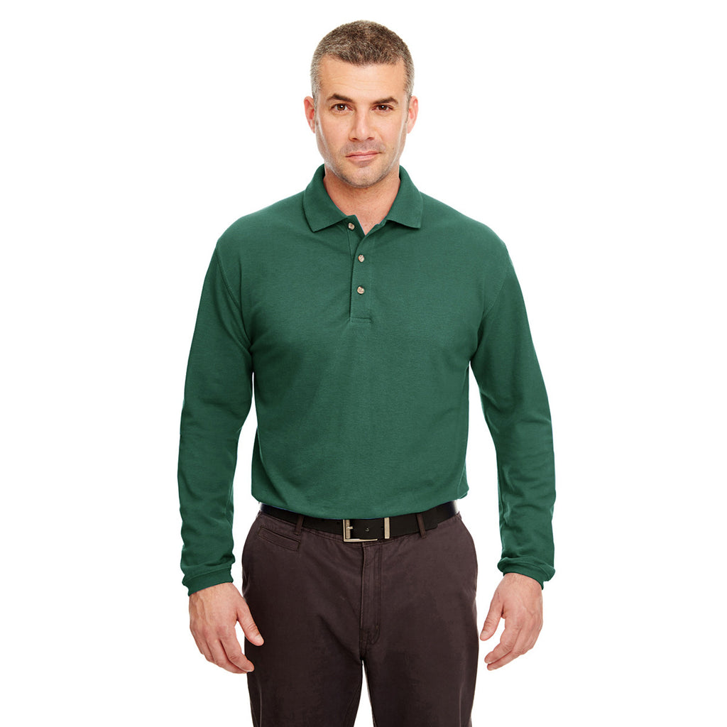 UltraClub Men's Forest Green Long-Sleeve Classic Pique Polo