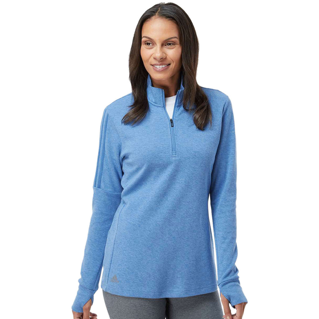 adidas Women's Focus Blue Melange 3-Stripes Quarter Zip Pullover