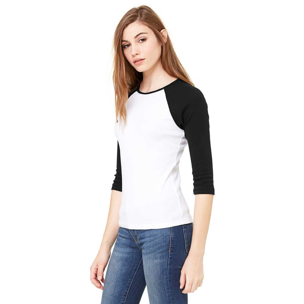 Bella + Canvas Women's White/Black Stretch Rib 3/4-Sleeve Contrast Raglan T-Shirt