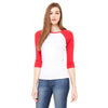 Bella + Canvas Women's White/Red Stretch Rib 3/4-Sleeve Contrast Raglan T-Shirt