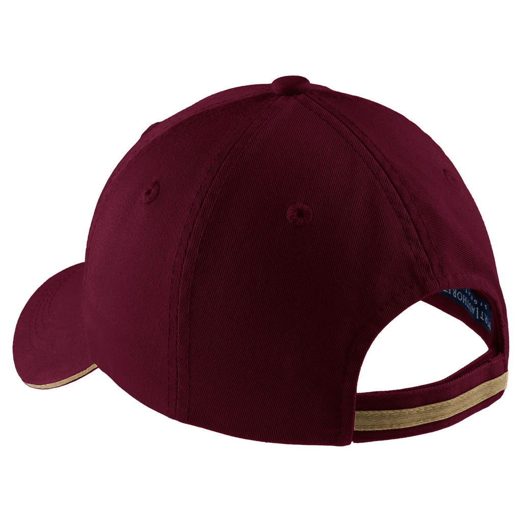 Port Authority Maroon/Khaki Sandwich Bill Cap with Striped Closure