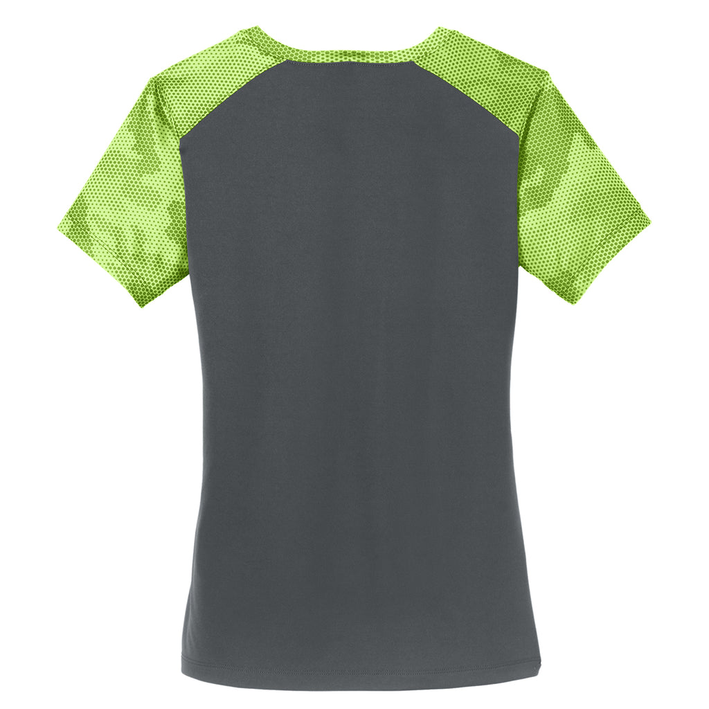 Sport-Tek Women's Iron Grey/Lime Shock CamoHex Colorblock V-Neck Tee