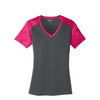 Sport-Tek Women's Iron Grey/Pink Raspberry CamoHex Colorblock V-Neck Tee