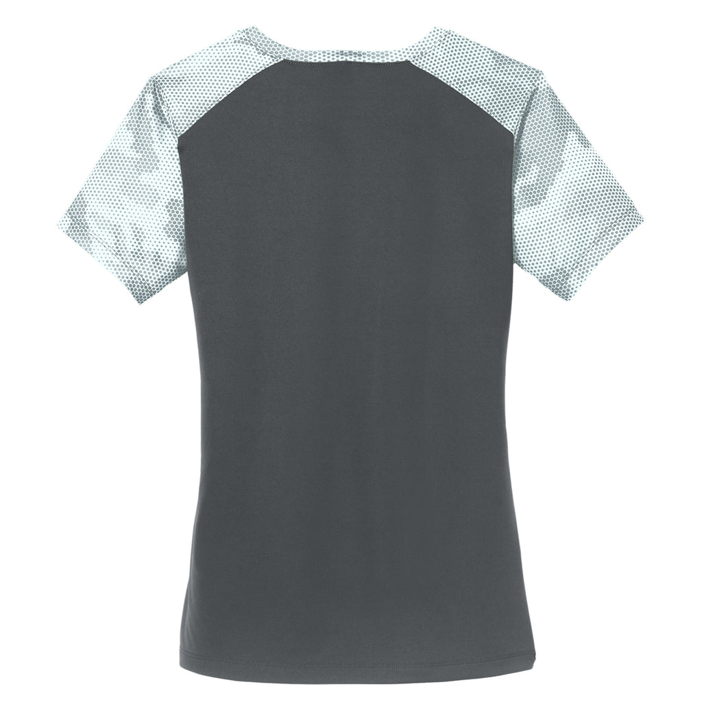 Sport-Tek Women's Iron Grey/White CamoHex Colorblock V-Neck Tee