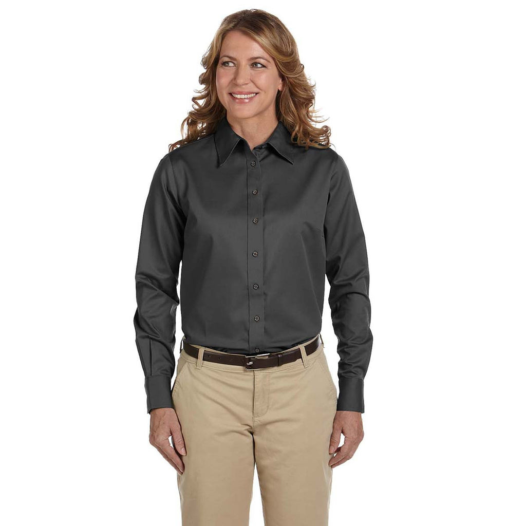 Harriton Women's Dark Grey Easy Blend Long-Sleeve Twill Shirt with Stain-Release