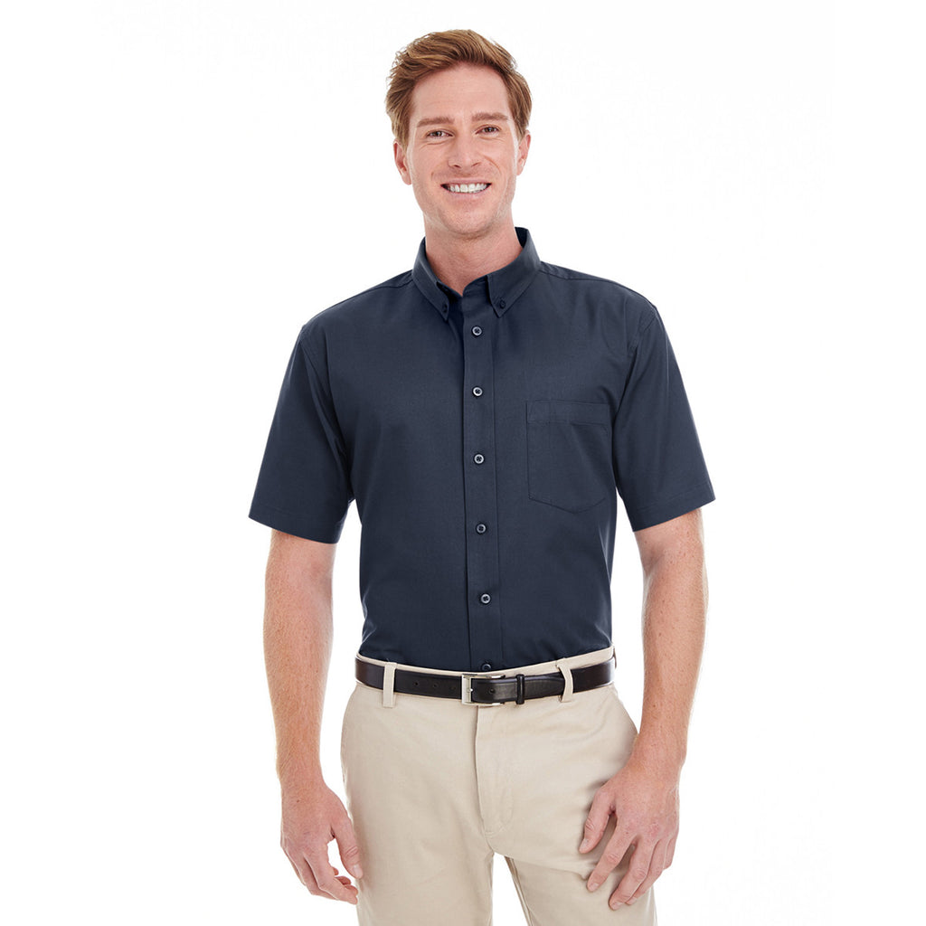 Harriton Men's Dark Navy Foundation 100% Cotton Short-Sleeve Twill Shirt Teflon