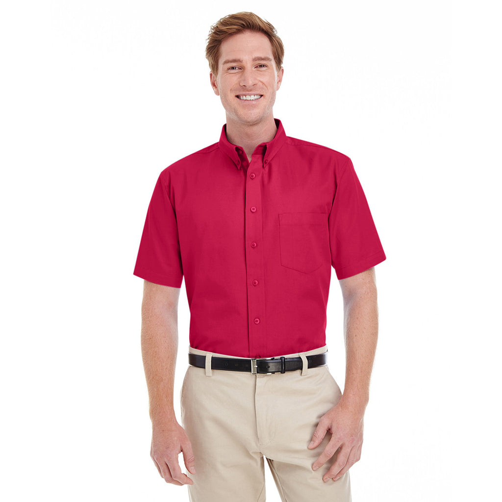 Harriton Men's Red Foundation 100% Cotton Short-Sleeve Twill Shirt Teflon