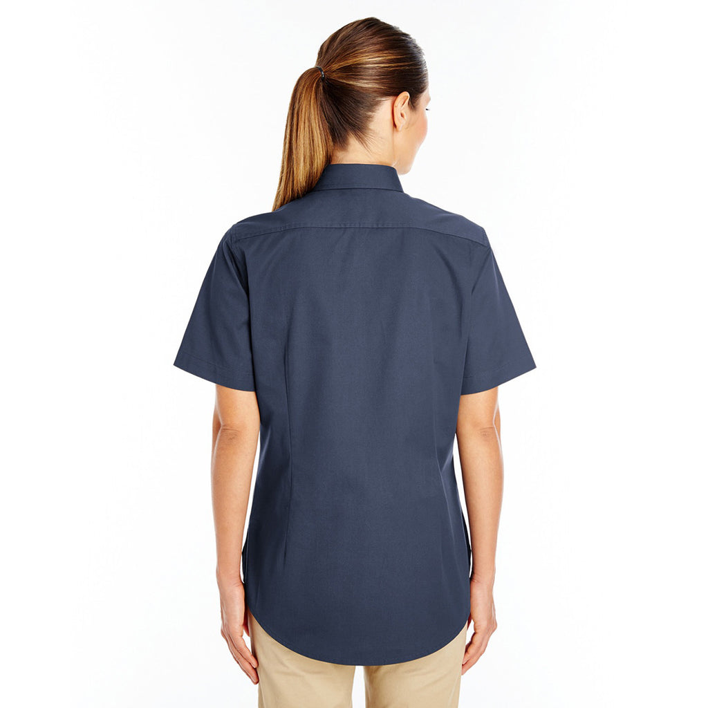 Harriton Women's Dark Navy Foundation 100% Cotton Short-Sleeve Twill Shirt Teflon