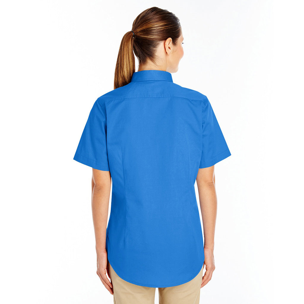 Harriton Women's French Blue Foundation 100% Cotton Short-Sleeve Twill Shirt Teflon