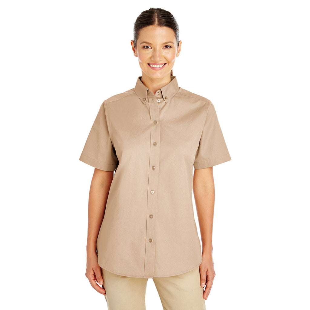 Harriton Women's Khaki Foundation 100% Cotton Short-Sleeve Twill Shirt Teflon
