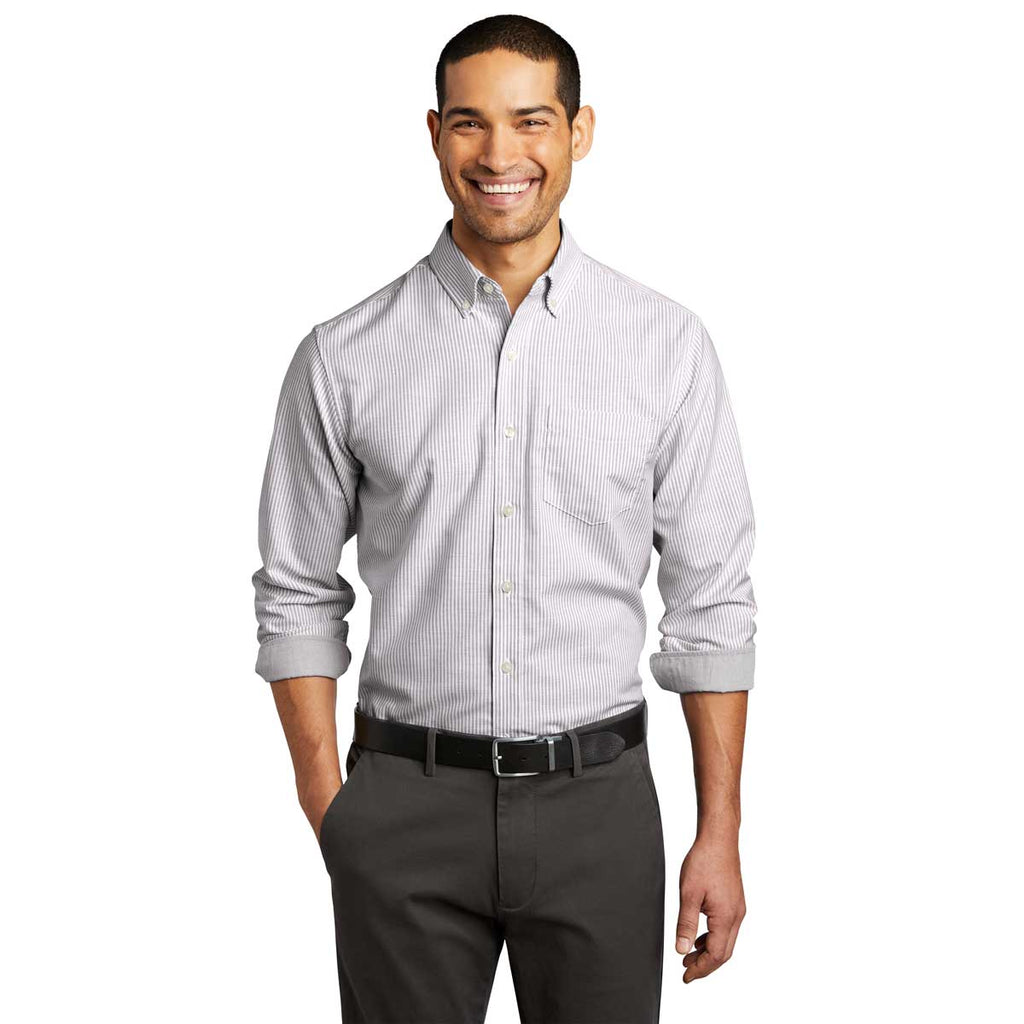 Port Authority Men's Gusty Grey/White SuperPro Oxford Stripe Shirt