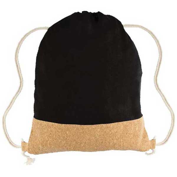 Gold Bond Inc Black Cotton Canvas Drawstring Backpack with Cork